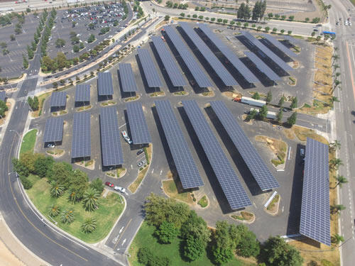 Aerial view of UCR parking lot with solar panel shelters.